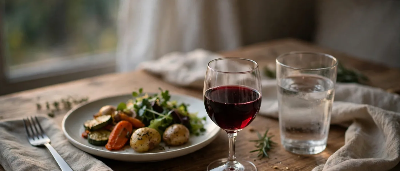 Glass of red wine beside a modest plate of food and a glass of water on a dinner table