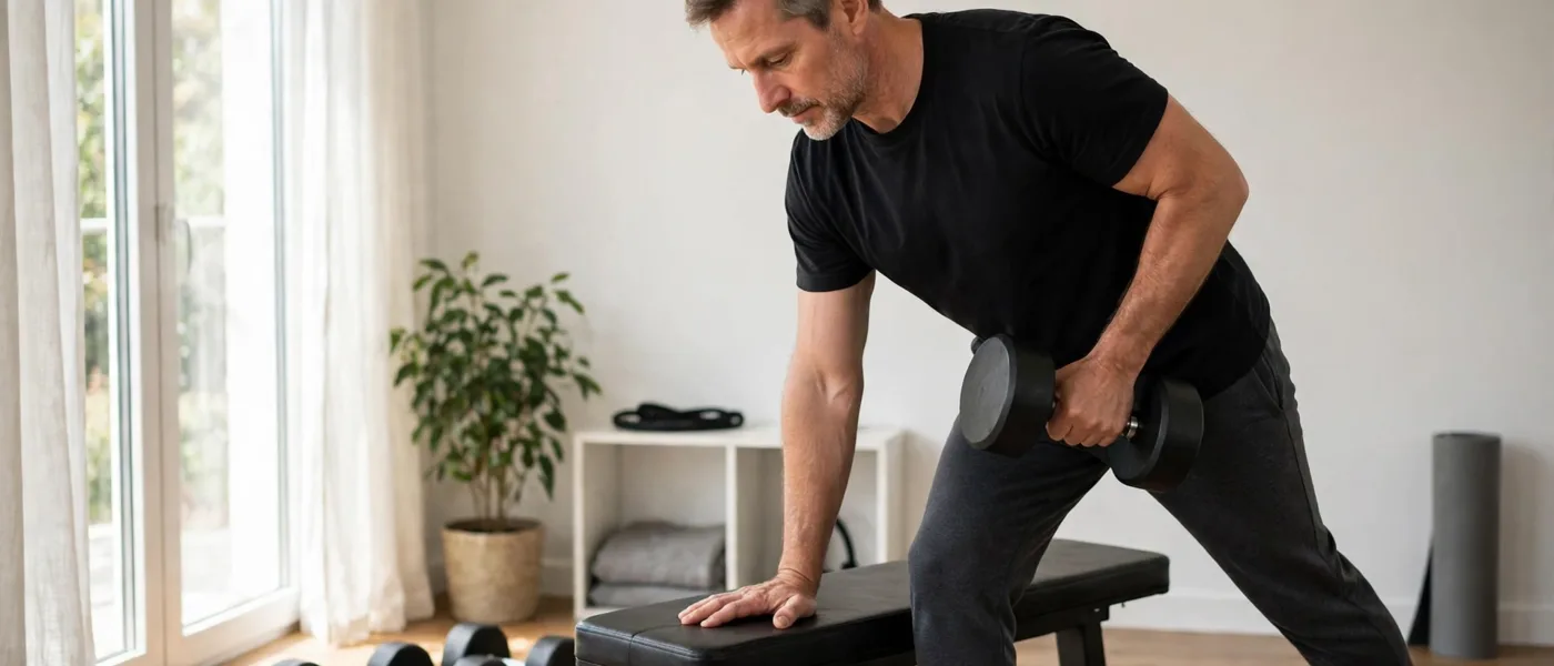 Man doing a dumbbell workout at home in natural light