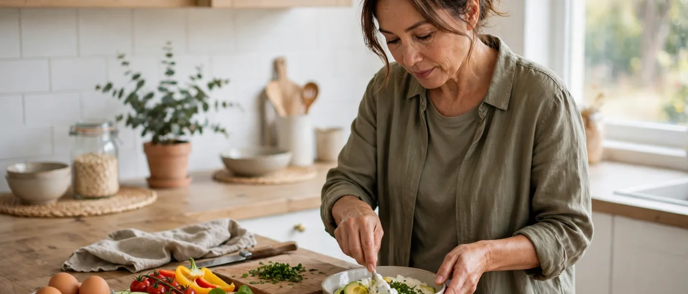 Woman preparing a protein rich meal in a bright kitchen