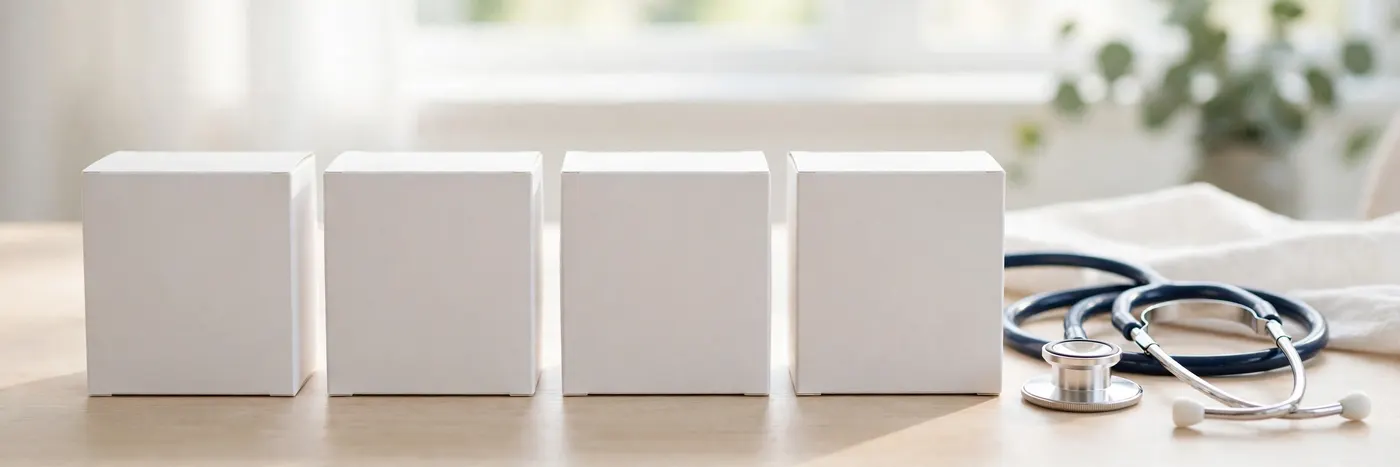 Several plain medicine boxes arranged with a stethoscope on a table