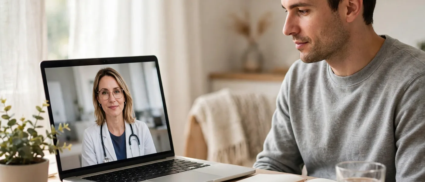 Person at home on a video call with a clinician on a laptop
