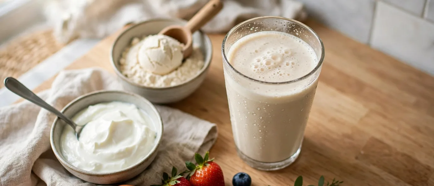 Glass of protein shake with yogurt, protein powder and berries on a kitchen counter