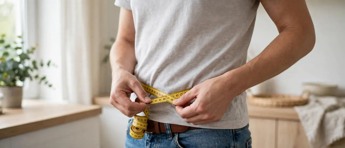 Person measuring their waist with a tape measure at home