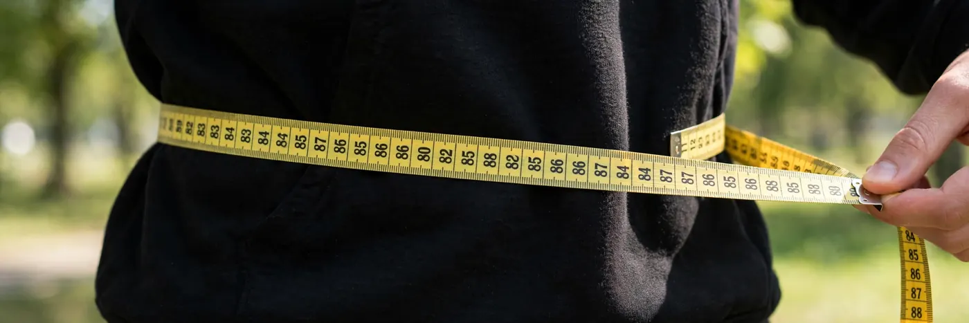Measuring tape around a waist over a dark hoodie, outdoors
