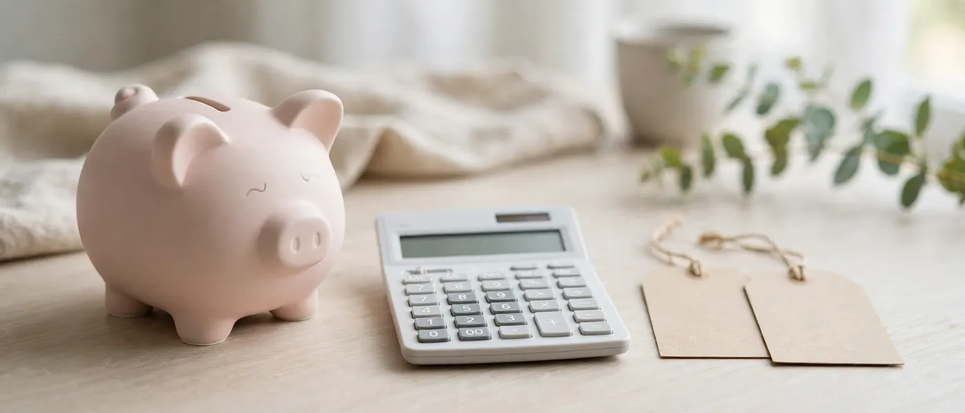 Piggy bank, calculator and plain price tags on a desk