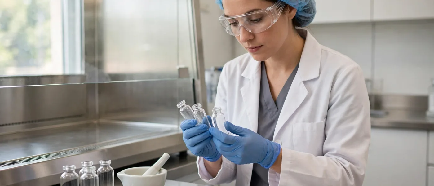 Pharmacist in a clean compounding laboratory with plain unlabelled vials, no readable text