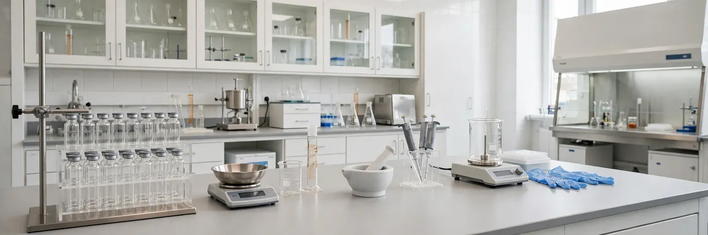Compounding pharmacy laboratory with vials, unbranded