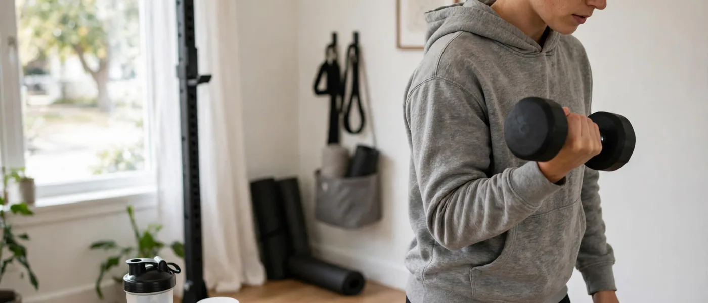 Person doing a dumbbell exercise in a bright home gym with a plain shaker bottle nearby