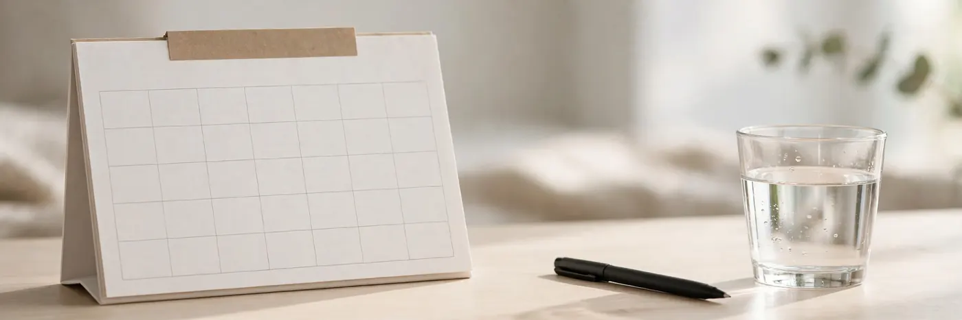 Blank desk calendar, pen and a glass of water