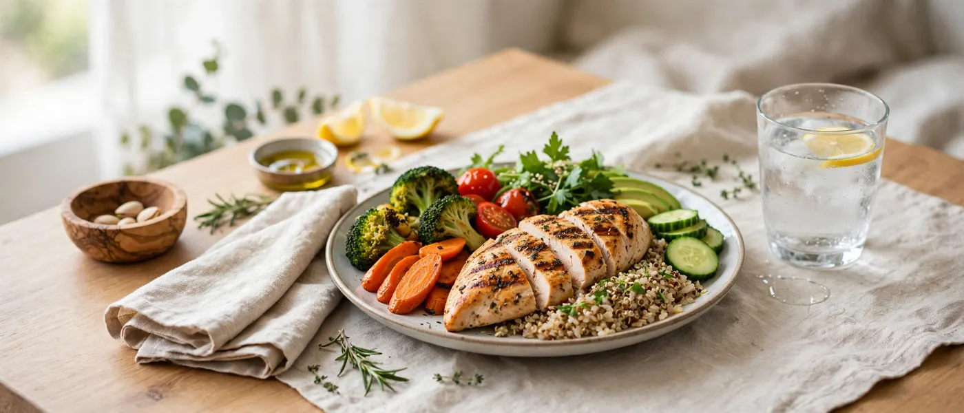 Balanced plate with grilled protein, vegetables and grains on a table