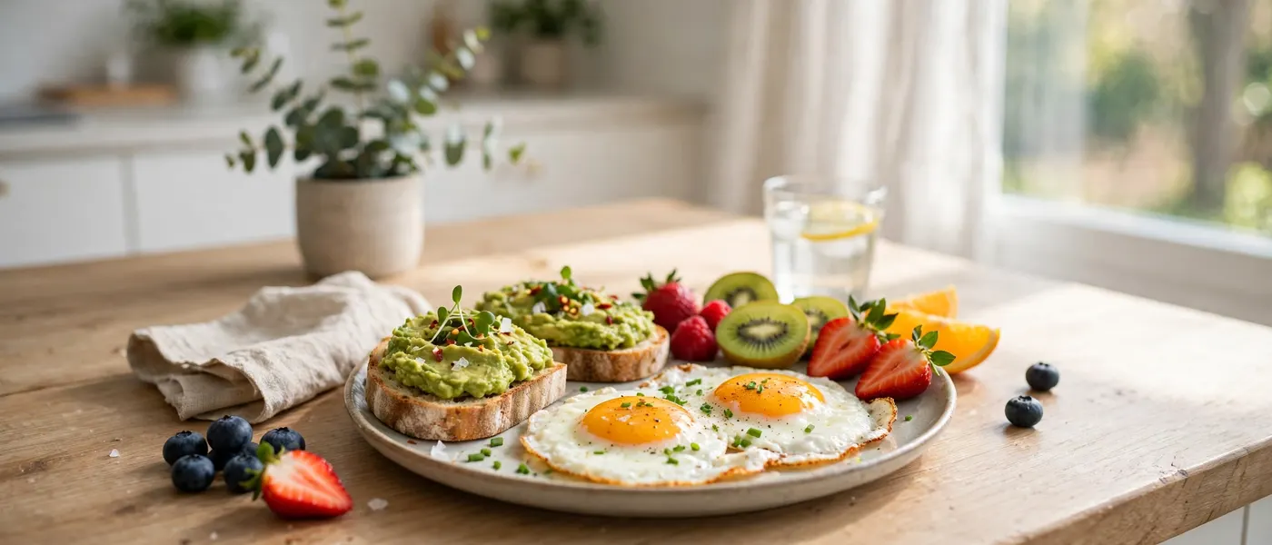 Breakfast plate with eggs, avocado toast and fruit