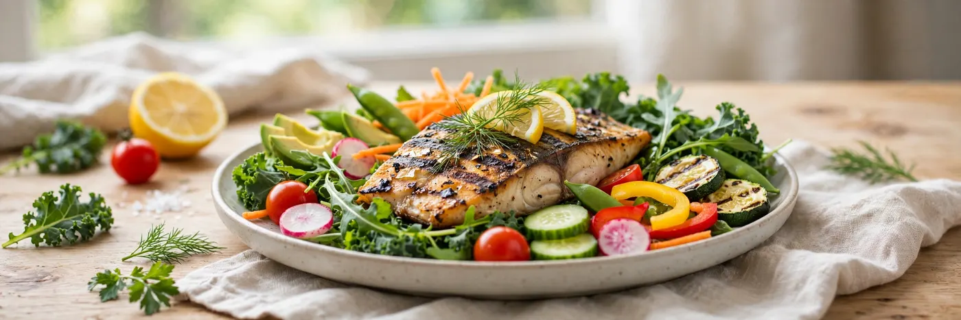 Grilled fish with leafy greens and vegetables on a plate