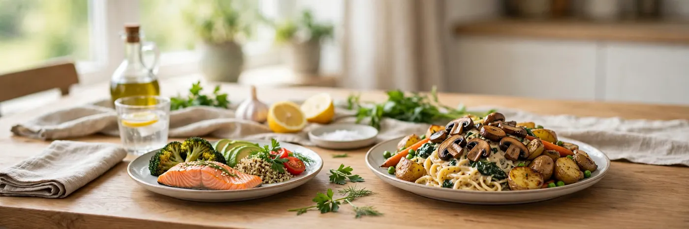 Smaller portion healthy plate beside a full plate on a table