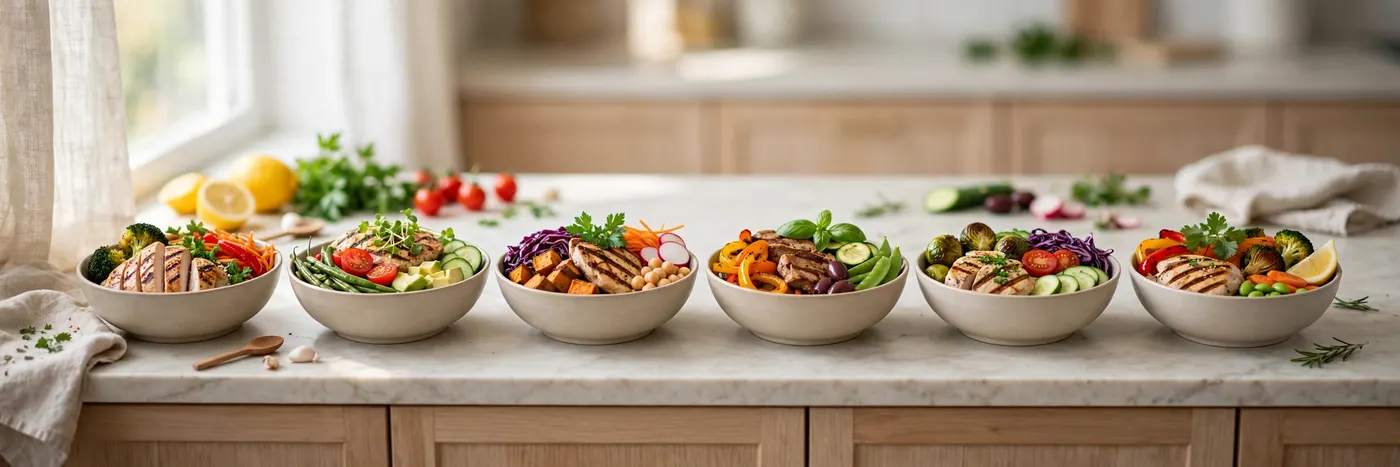Meal prep bowls with protein and vegetables lined up on a counter