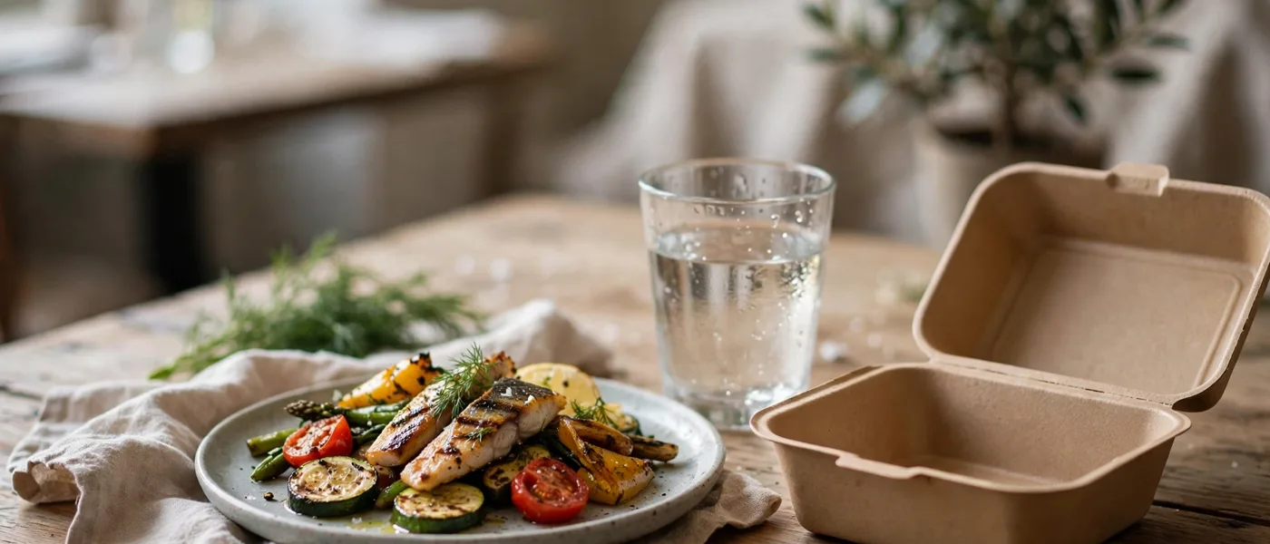 Small restaurant plate of grilled fish and vegetables with a glass of water and a takeaway container