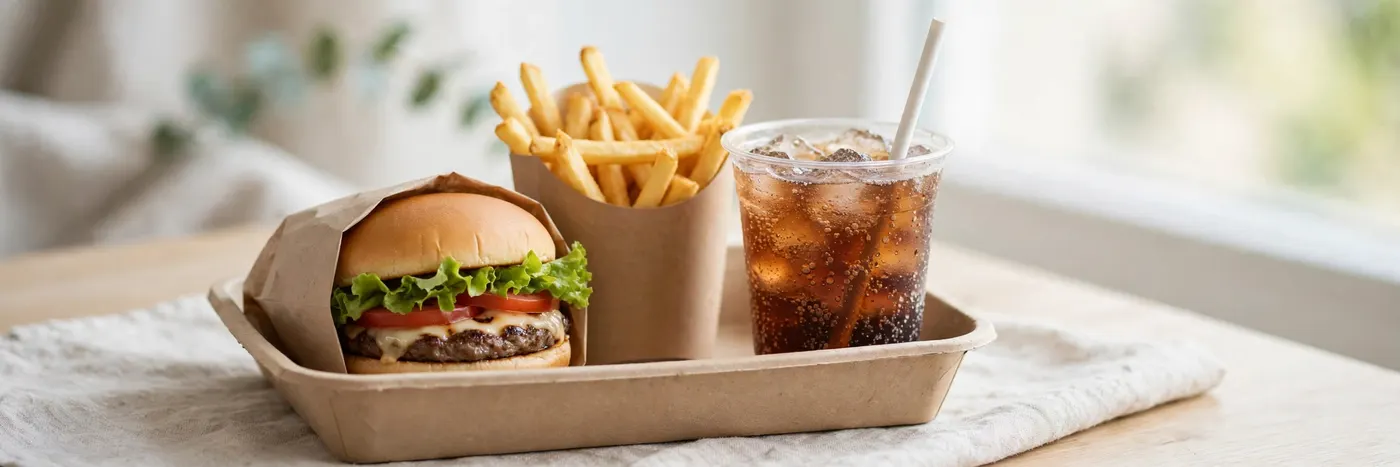 Tray with a burger, fries and a sugary soda drink