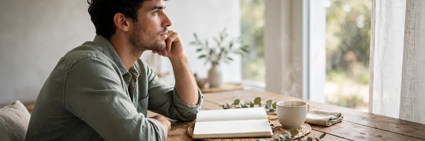Person thinking at a table with a notebook and a cup of tea