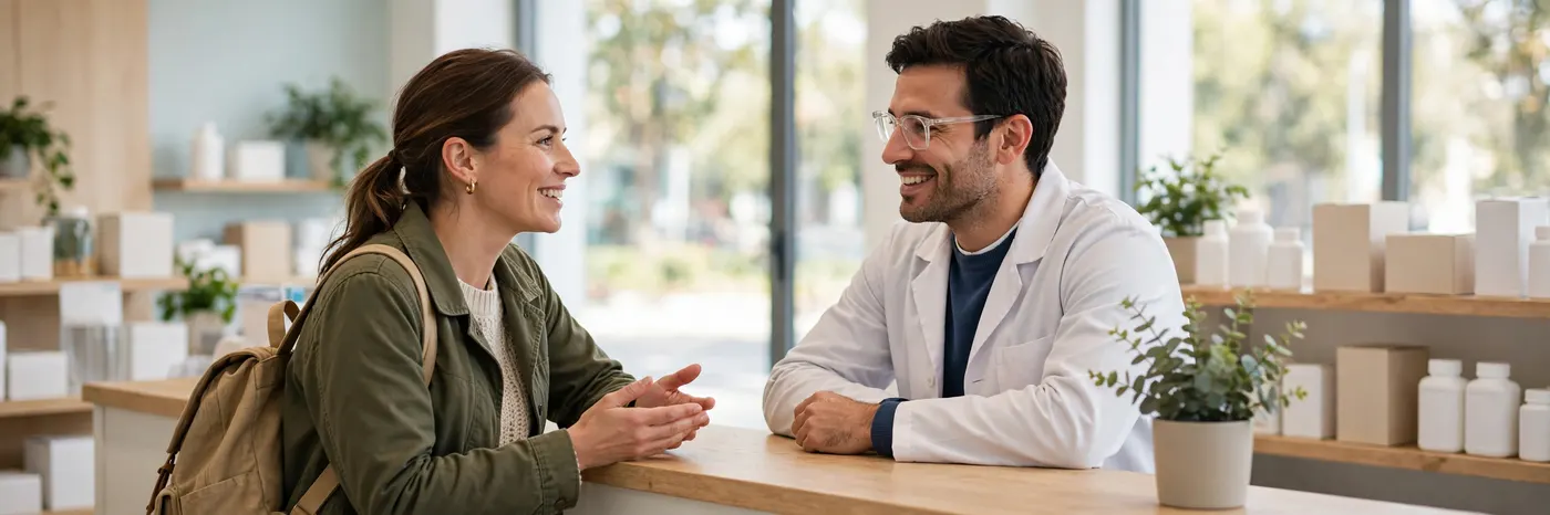 Person talking with a pharmacist across a counter