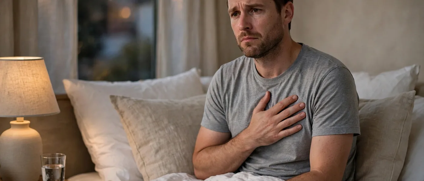 Man sitting upright in bed at night with a hand on his chest and a glass of water by the lamp