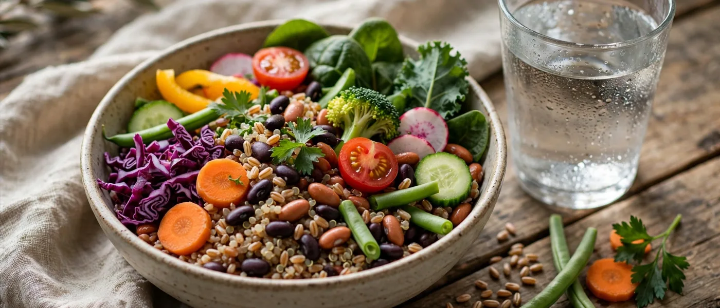 Bowl of colorful vegetables, beans and grains beside a glass of water on a wooden table