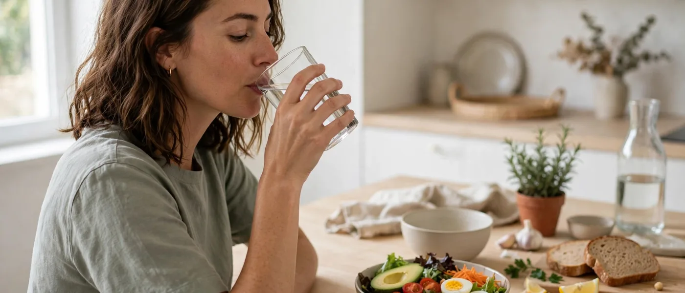 Person drinking a glass of water at a kitchen counter with a healthy meal nearby