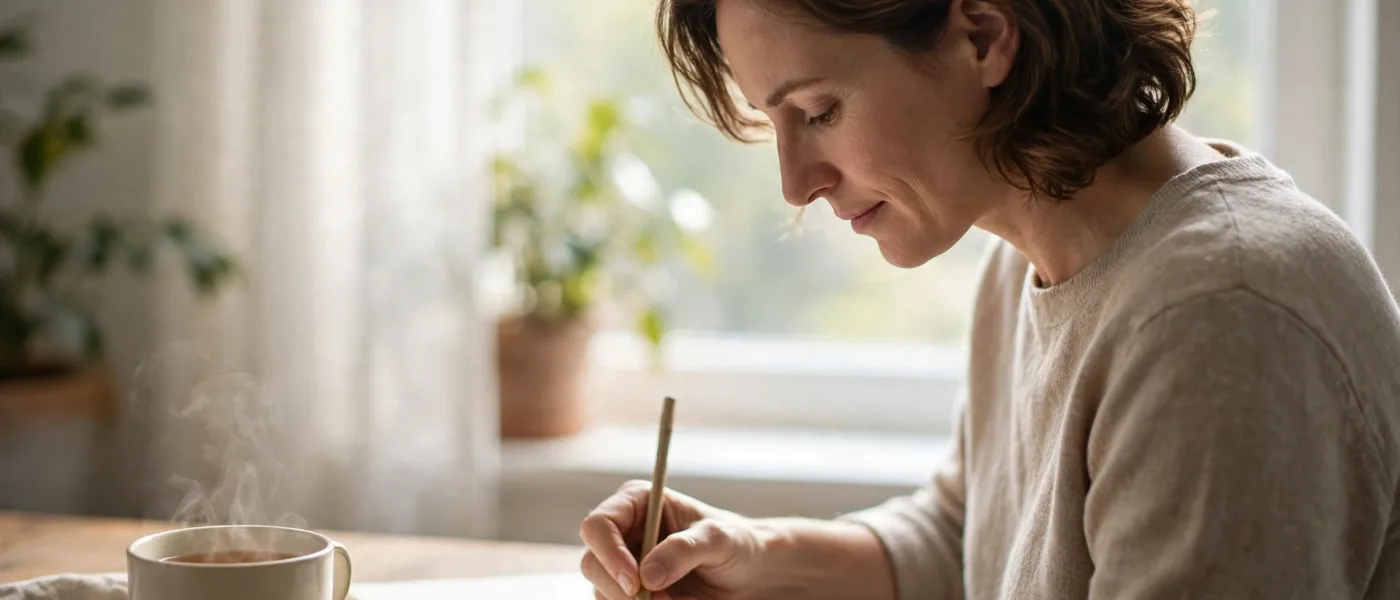 Person writing calmly in a notebook by a bright window with a cup of tea