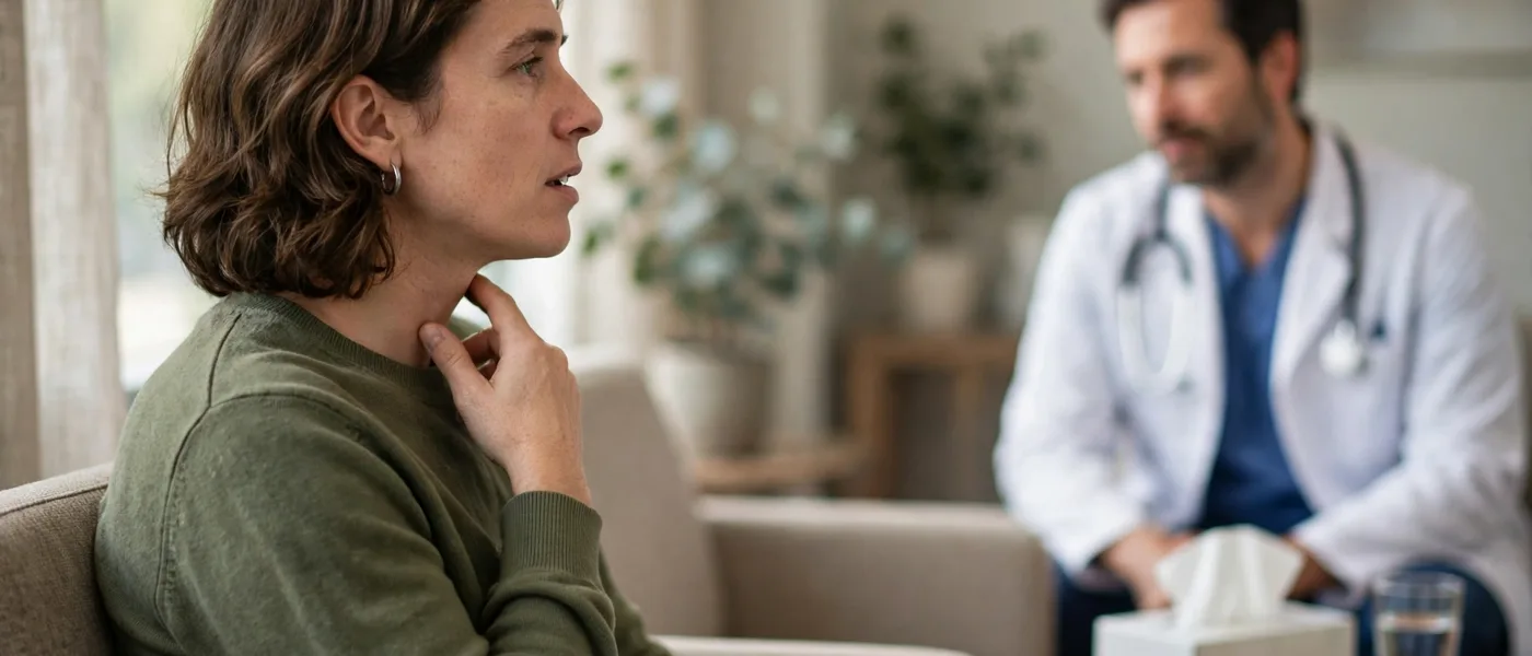 Person touching the front of their neck while talking with a doctor in a clinic