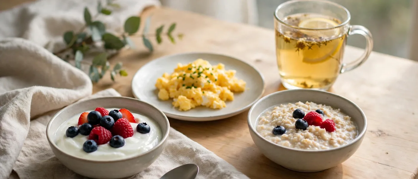 Breakfast table with Greek yogurt and berries, scrambled eggs, oatmeal and herbal tea