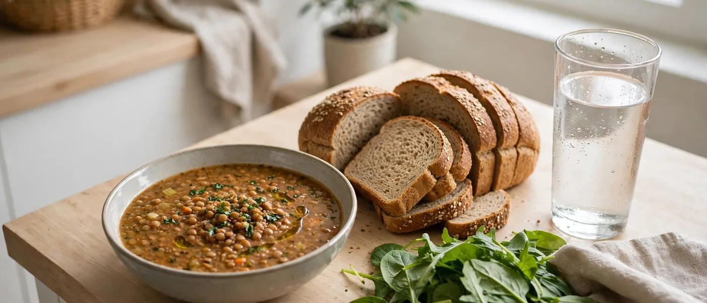 Bowl of lentil soup with whole grain bread, leafy greens and a glass of water on a kitchen counter