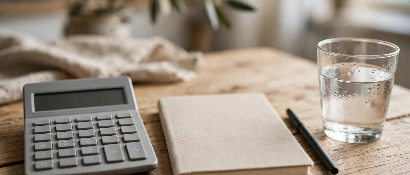 Calculator, blank notebook and glass of water on a wooden table