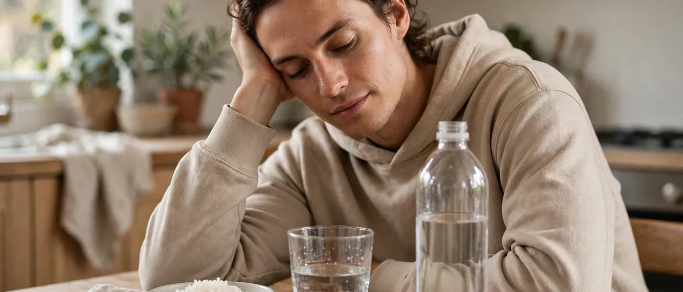 Man resting at a kitchen table with a glass and a bottle of water and a small bowl of plain rice