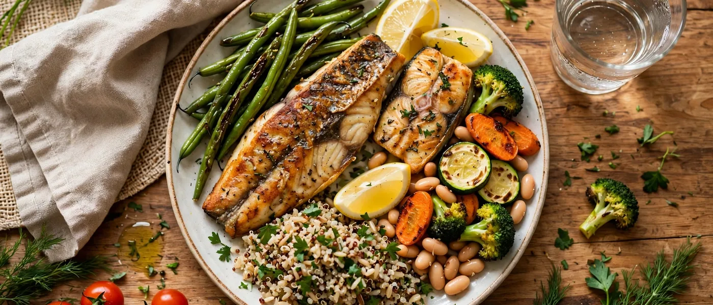 Balanced plate with grilled fish, vegetables, beans and grains