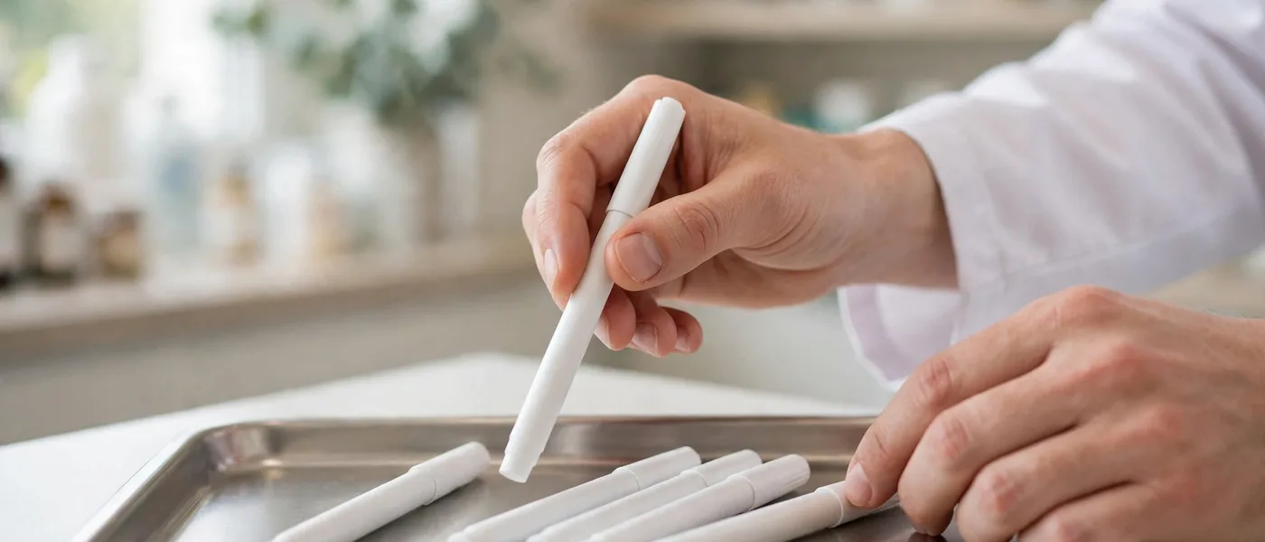 Pharmacist hands holding plain unbranded white pens over a tray