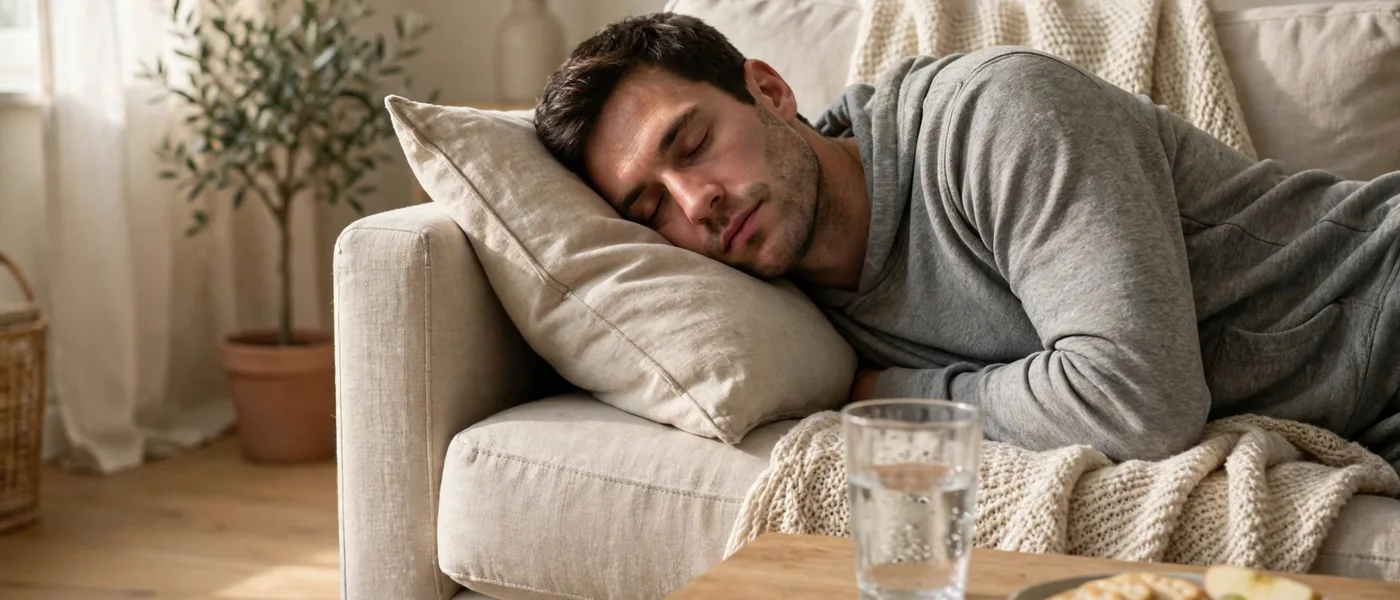 Man resting asleep on a sofa with a glass of water on a table nearby