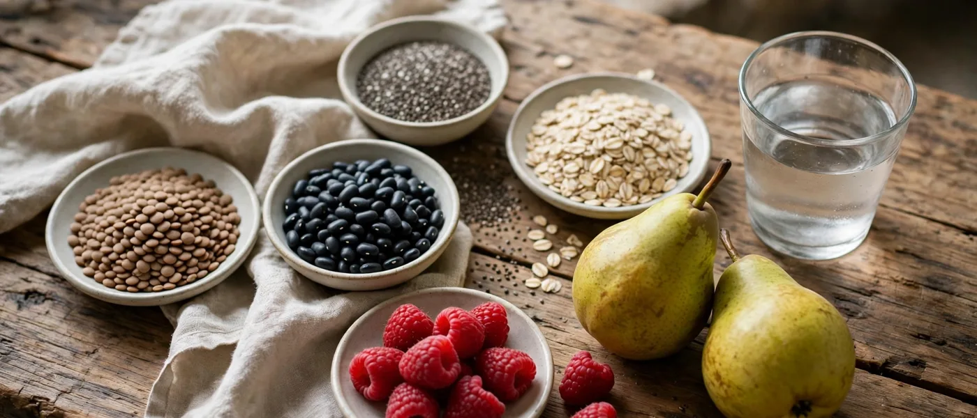 Bowls of lentils, black beans, chia seeds and oats with raspberries, pears and a glass of water