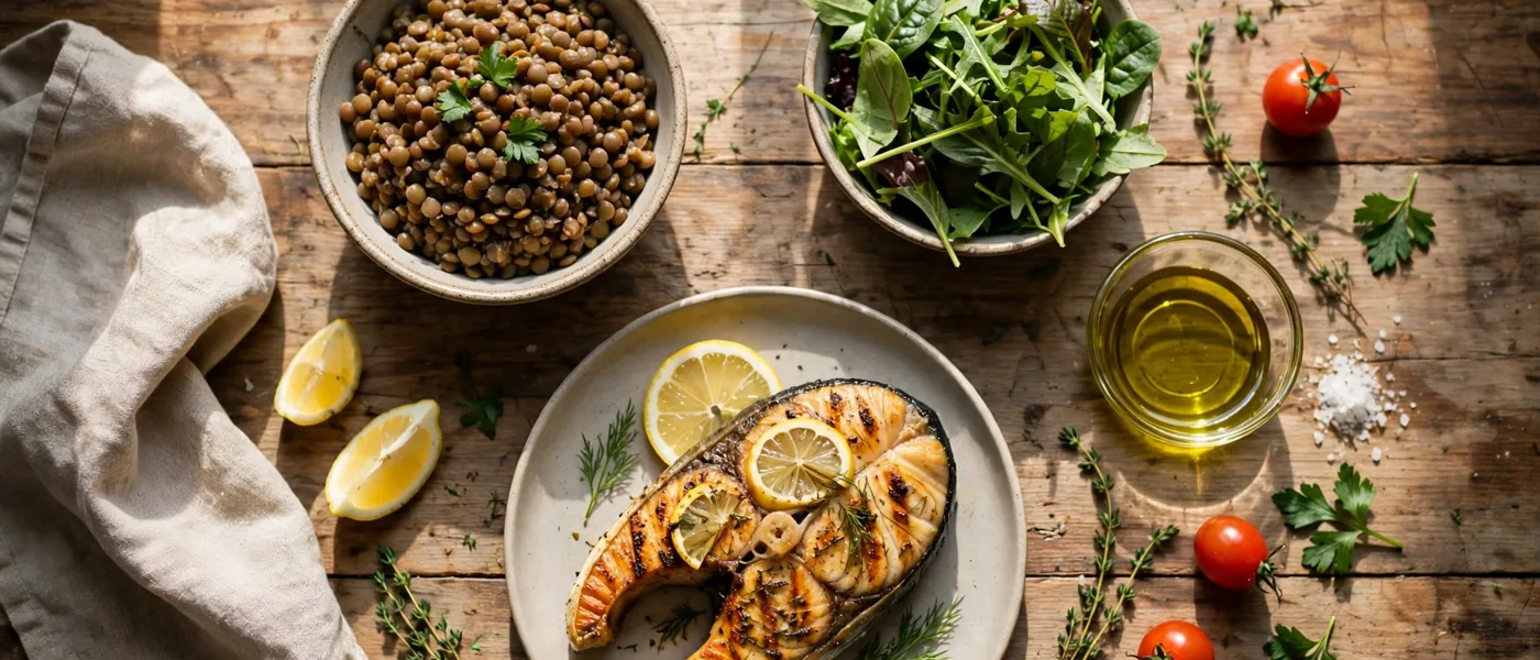 Healthy meal of grilled fish, lentils, leafy greens and olive oil on a wooden table