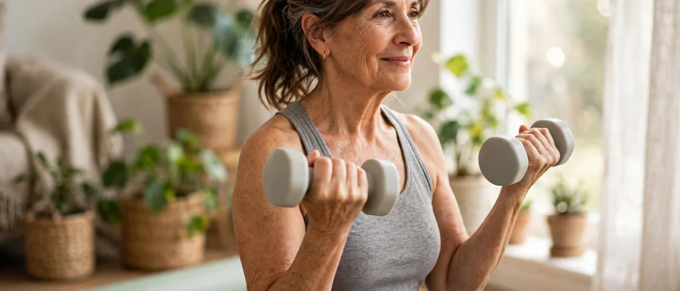 Woman in her fifties doing gentle resistance exercise with light dumbbells at home