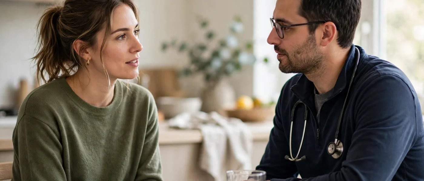 Woman talking with a clinician at a bright kitchen table