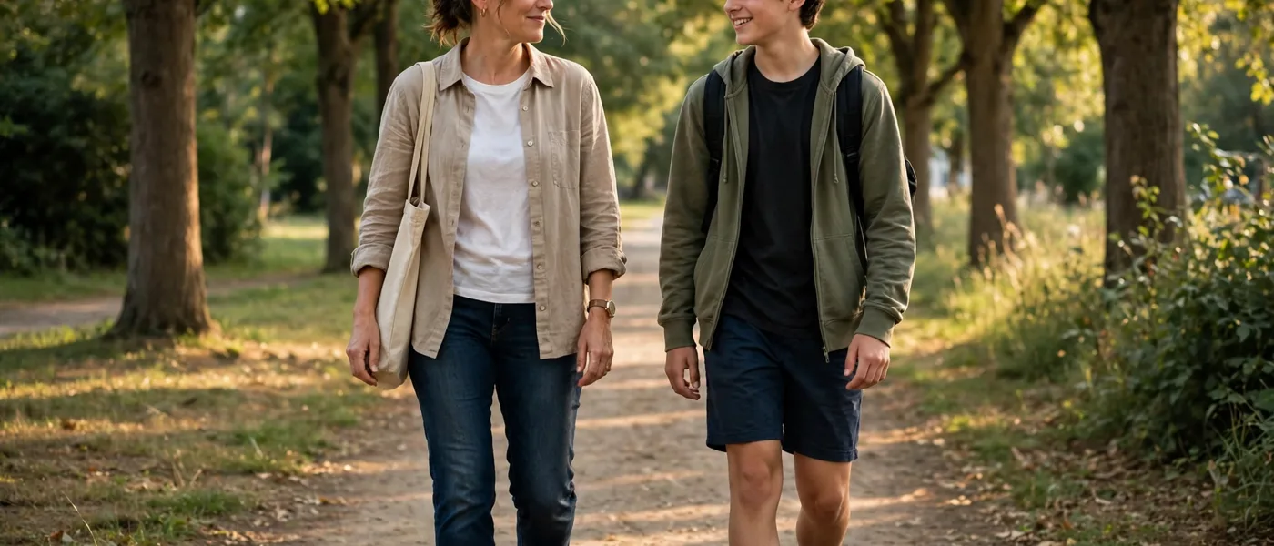 Parent and teenager walking together on a tree lined path outdoors