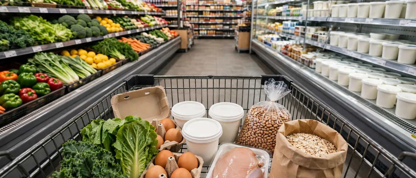 Shopping cart with eggs, chicken, yogurt, greens, beans and oats in a supermarket aisle