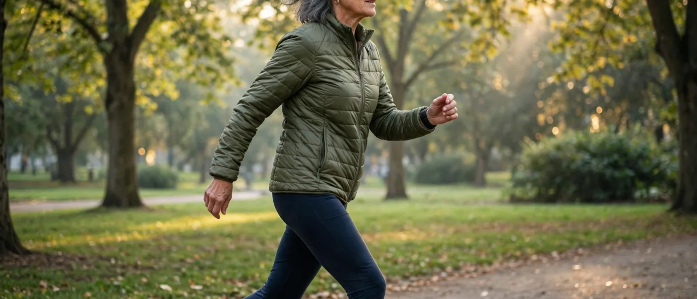 Older adult taking a brisk morning walk in a park with trees and sunlight