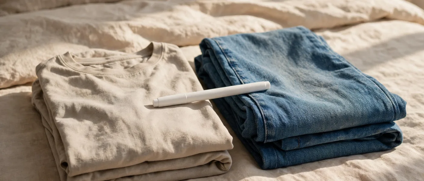 Plain unbranded pen resting on folded everyday clothes, a t-shirt and jeans, on a bed