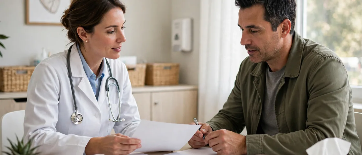 Doctor and patient discussing blank forms in a bright clinic office, no readable text