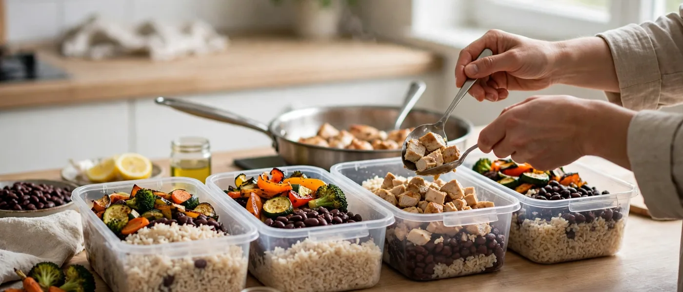 Meal prep containers with chicken, rice, beans and roasted vegetables being portioned