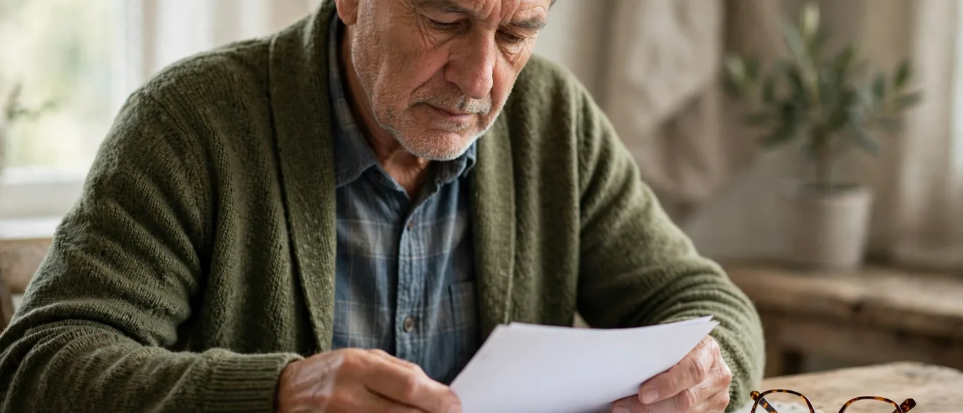 Older adult reviewing blank paperwork at a table with reading glasses, no readable text