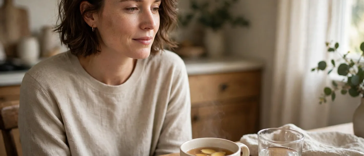 Woman at a kitchen table with a warm mug of ginger tea and a glass of water