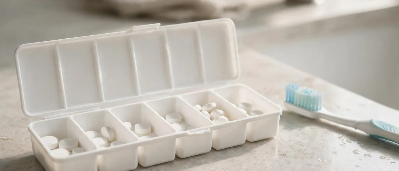 Plain unbranded tablets in a weekly pill organizer on a bathroom counter in morning light
