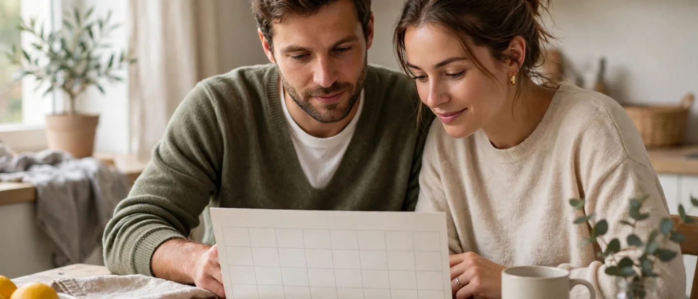 Couple looking at a blank calendar together at a kitchen table while planning ahead