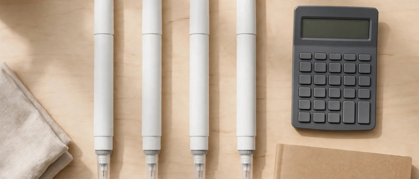 Four plain unbranded pens beside a calculator on a table