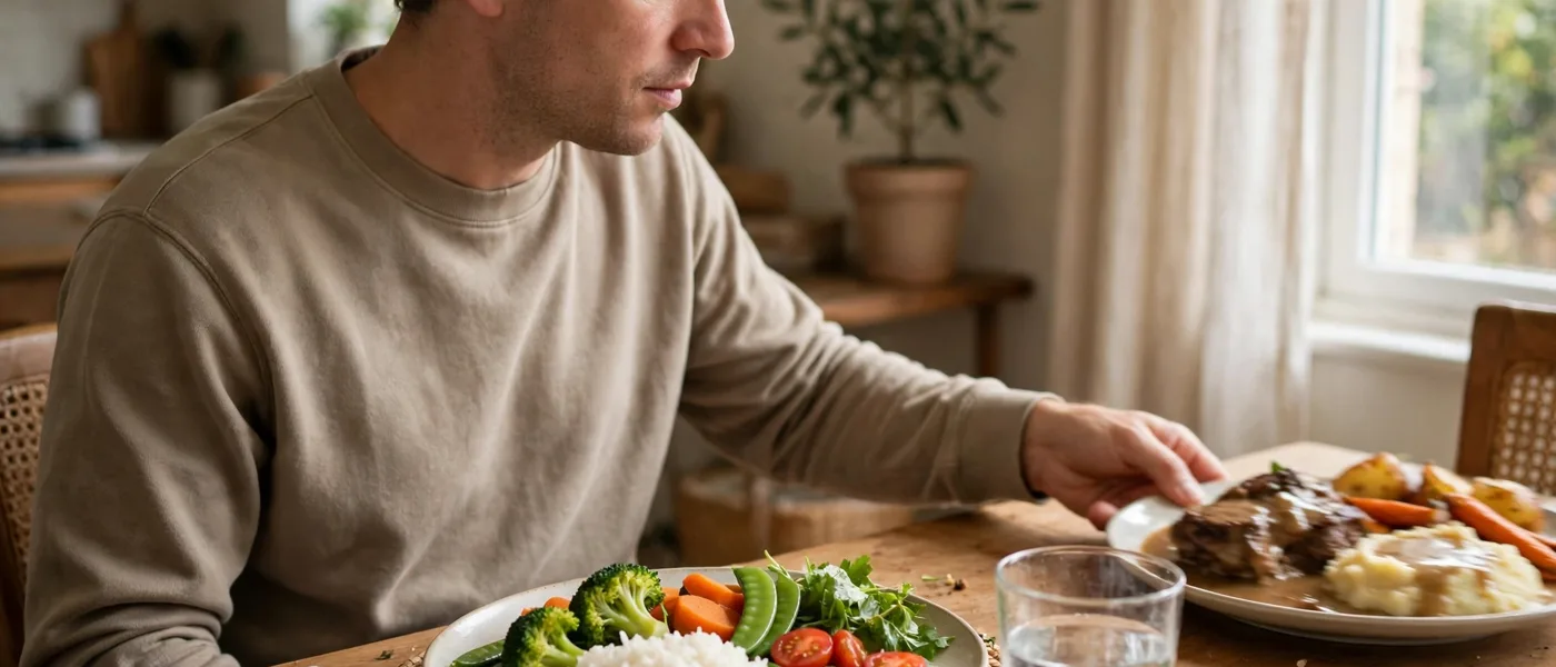 Man at a dining table choosing a lighter plate of rice and vegetables over a rich heavy meal